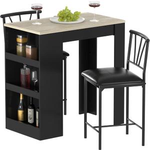 VECELO Small Bar Table and Chairs Tall Kitchen Breakfast Nook with Stools/Dining Set for 2, Storage Shelves, Space-Saving, Gray