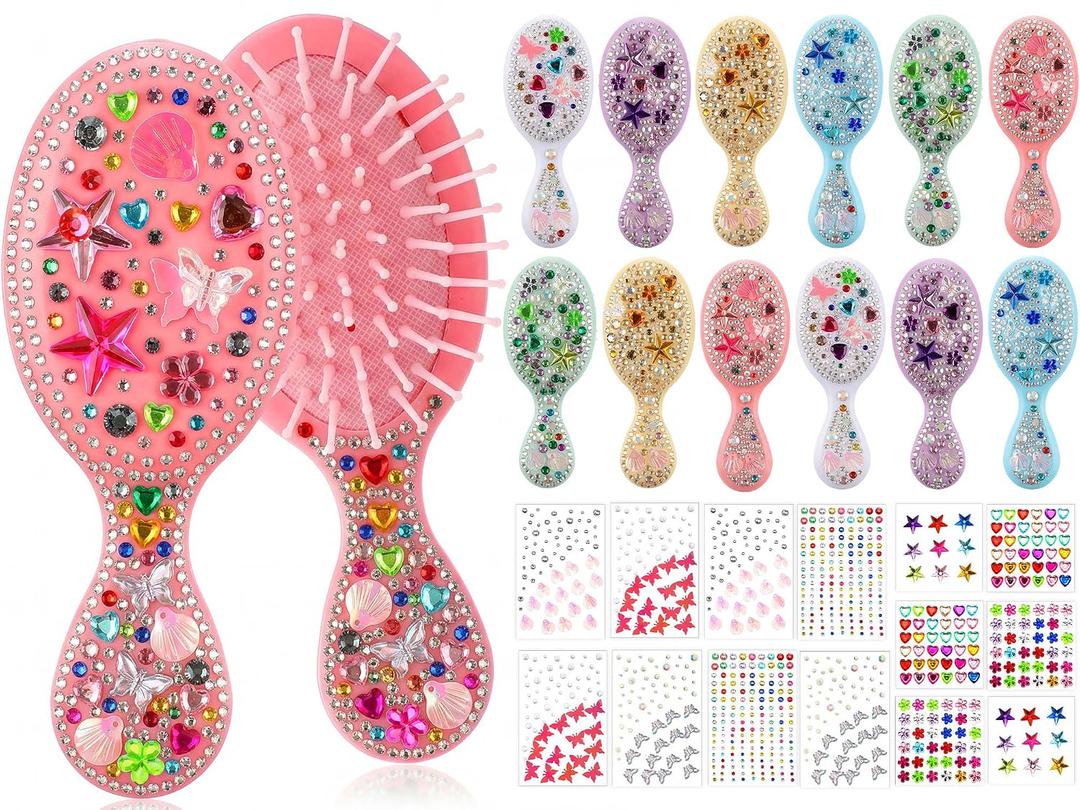 12 Sets Hair Brush Decorating Kit DIY Mini Hair Brush with Gem Stickers Make Your Own Hairbrush Self-adhesive Rhinestone Stickers Craft Kit for Women Party Gifts