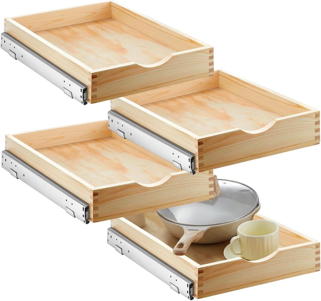 Sintuff 4 Pack Wooden Pull out Tray Cabinet Organizer Gentle Close Roll out Shelves for Kitchen Cabinets Fully Assembled Slide Pantry Shelves (15'' X 21'')