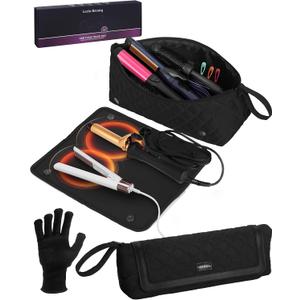 2-in-1 Hot Hair Tools Travel Bag, Removable Heat-Resistant Silicone Mat, Clear Pockets for Accessories, Protects Surfaces from Burns, Ideal for Curling & Flat Irons, Includes Heat-Resistant Glove (Black - Jet Luxe)