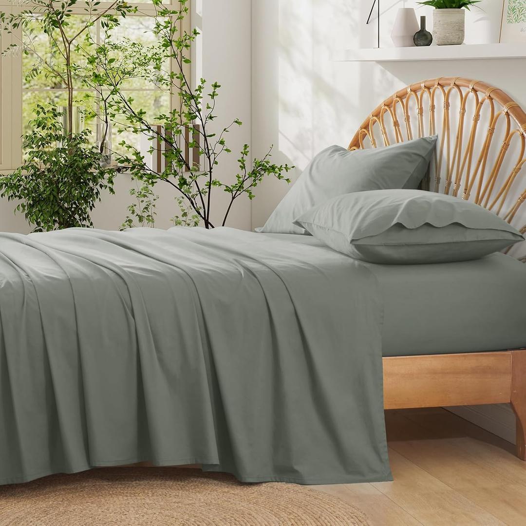 Entisn Pure Cotton Sheets Twin Size Bed Set 3 Pieces, 400 Thread Count Cotton Sheet Set with All Around Elastic for Snug Fit, All Seasons Breathable & Soft Bedding, 16 Inch Deep Pocket, Light Grey