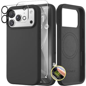 GONEZ Magnetic for iPhone 17 Pro Case, Compatible with MagSafe, [Screen Protector + Camera Lens Protector], Liquid Silicone Anti-Scratch Shockproof Protective Phone Case 6.3 inch, Black
