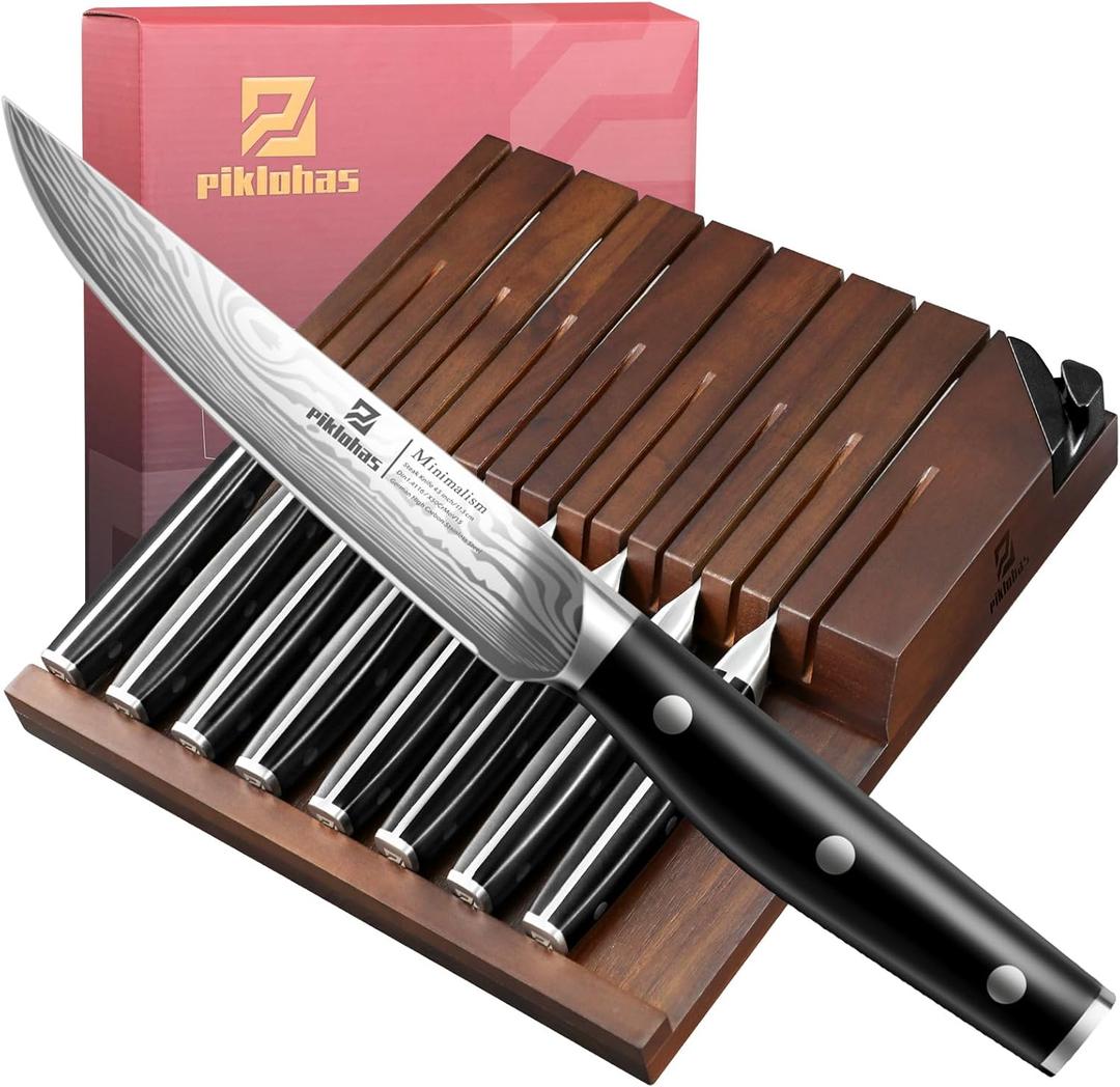 Steak Knives Set of 8 with Drawer Organizer Built-in Sharpener, 4.6 Inch Non Serrated Dinner Knife, Forged German Steel Damascus Pattern Straight Edge Meat Knife with Full Tang Handle, Black