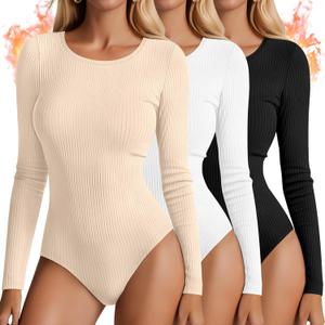Huukeay 3 Pack Women's Thermal Long Sleeve Bodysuits Fleece Lined Ribbed Knit Crew Neck Tops Winter Leotard Jumpsuit Shirt, Black, Beige, White, S
