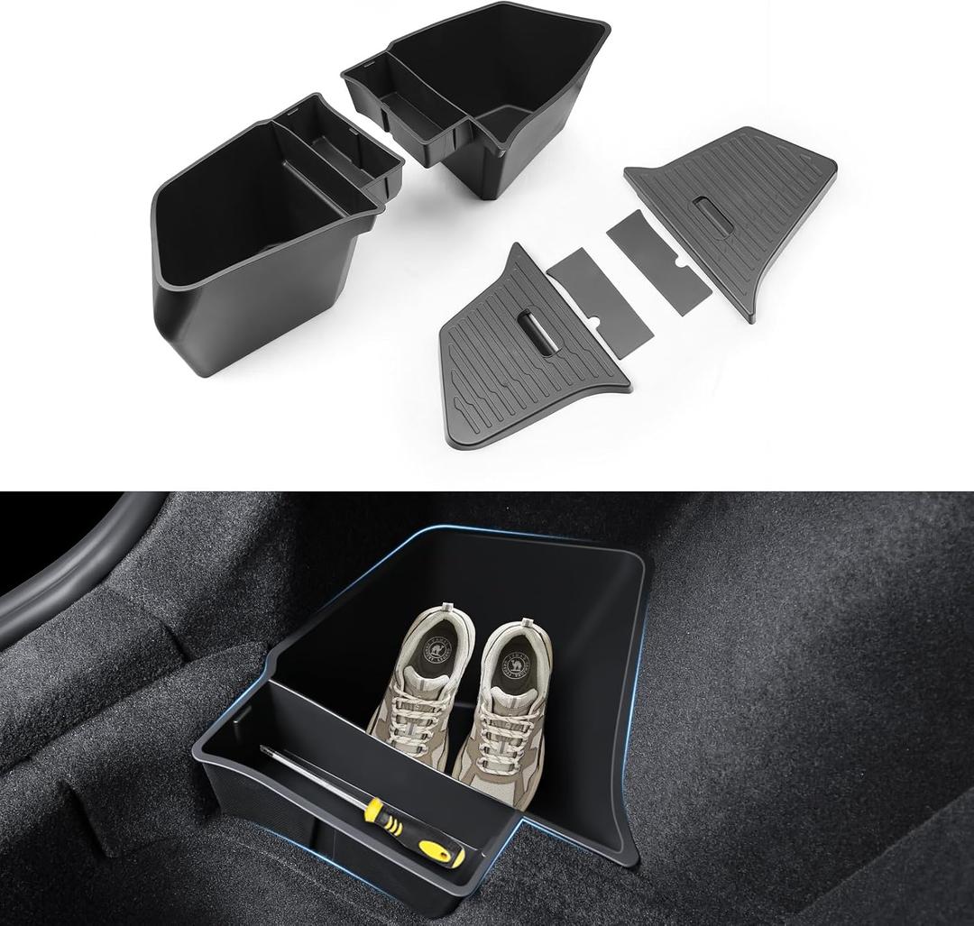 Trunk Storage Bins for Tesla Model Y Juniper, 2-Piece Waterproof Organizer with Lids, Black Side Storage Box, 2025-2026