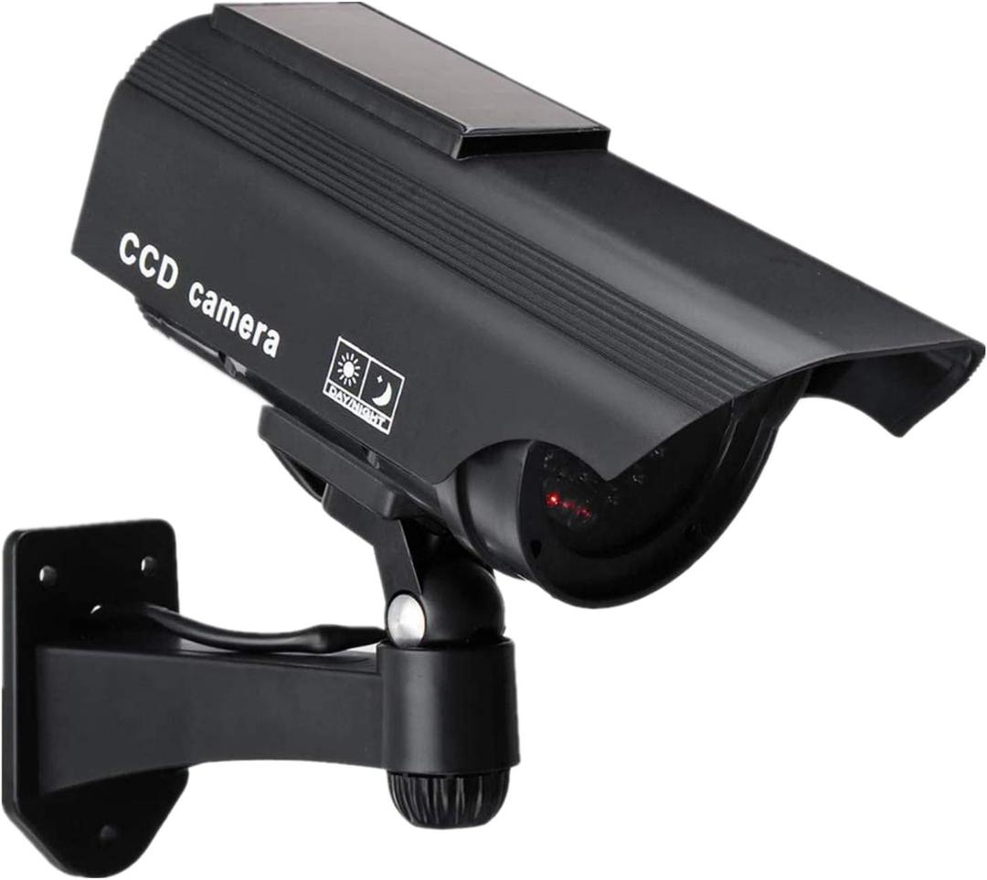 F FINDERS&CO Dummy Solar Security Camera, Bullet Fake Surveillance System with Realistic Red Flashing Lights and Warning Sticker Indoor Outdoor (1, Black)