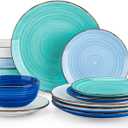 vancasso Bonita Dinnerware Set Blue Stoneware 12 Pieces Service for 4, Handpainted Spirals Pattern Stoneware Plates and Bowls Set