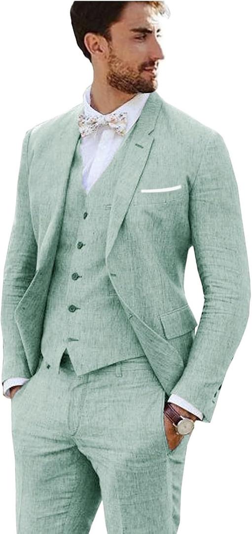 Linen Suit 3 Pieces Vintage Retro Wedding Prom Suits Slim Fit Jacket Blazer Groom Tuxedos (Light Green) XL