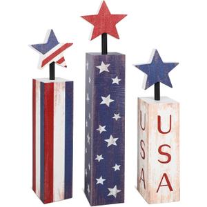 COCHIE 4th of July Decorations Set, Red White Blue Decor, Wooden Patriotic Memorial Day Tiered Tray Decor, Labor Day Decorations, Fourth of July Decoration for Home Office Table (Flag Retro)