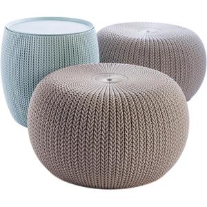 Keter Urban Knit Pouf Ottoman Set of 2 with Storage Table for Patio and Room Dcor - Perfect for Balcony, Deck, and Outdoor Seating, Misty Blue & Taupe, Medium