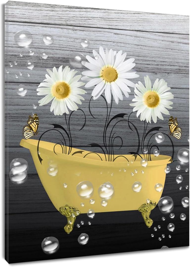 EOBTAIN Vintage Yellow Floral Canvas Wall Art Daisy Flower and Butterfly in the Bathtub Framed Wall Art for Bedroom, Bathroom, Living Room, 12x16 Inches (16L" x 12W")