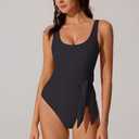 RXRXCOCO Women One Piece Swimsuit Tummy Control Cute Waist Tie Slimming Bathing Suit Cutout Full Coverage Swimwear (Black, L)