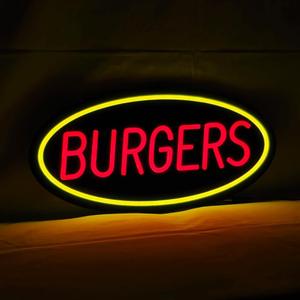 LED Burgers Neon Sign, 20"x10", Business Signboards for Fast Food Restaurant, Snack Bar, Grill House, Takeout, Black Acrylic Backboard, Easy to Install, Wall Window Decoration for Storefront, 18"x9"