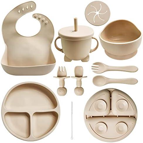 HippoBaby Baby Led Weaning Supplies | 10 Piece Silicone Baby Feeding Set | Baby Toddler Bib Cup Divided Plate and Bowl Self Feeding Spoons Dish Set | Baby Utensils | Toddler Feeding Supplies (Cream)