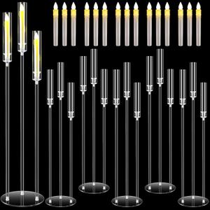 Havawish 6 Set Acrylic Candelabra Centerpieces 3 Arms with 18 LED Candles 42.5'' Floor Tall Candle Holders with Acrylic Shade Wedding Clear Table Candlesticks Stand Fit 0.8'' for Party