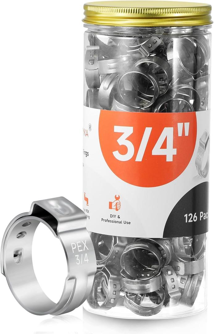 126pcs 3/4 inch PEX Cinch Clamps Rings, 304 Stainless Steel Single Ear Hose Clamps, Pex Crimp Rings for PEX Tubing Pipe Fitting Connections