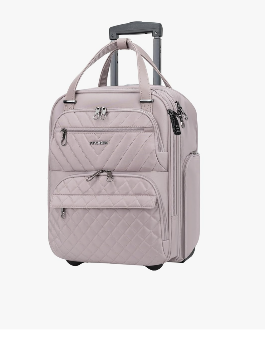 KROSER Carry On Underseat Multi-functional, 16-inch Underseater Lightweight Overnight Suitcase for Women, Dusty Pink