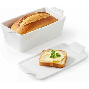 Ceramic Loaf Pan with Lid - 1.58 Qt Deep Bread Pan (10.94" x 5.23"), 2-in-1 Baking Dish for Homemade Bread Banana Bread Meatloaf, Oven Safe to 500F, Dishwasher Freezer Safe, White