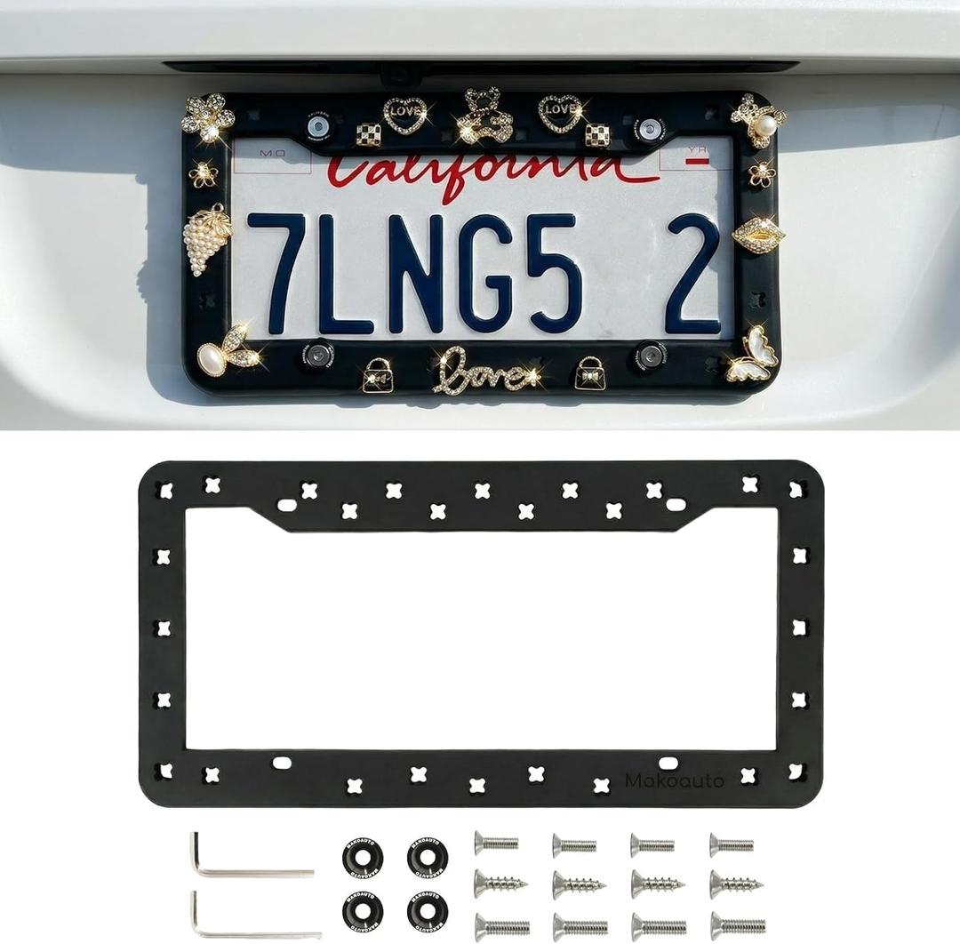 License Plate Frame Compatible with Shoe Charms - Matte Black Premium TPU (Better Than Silicone), DIY Cute Car Accessories for Women, Rattle-Proof with Anti-Theft Stainless Steel Screws (1 PC)
