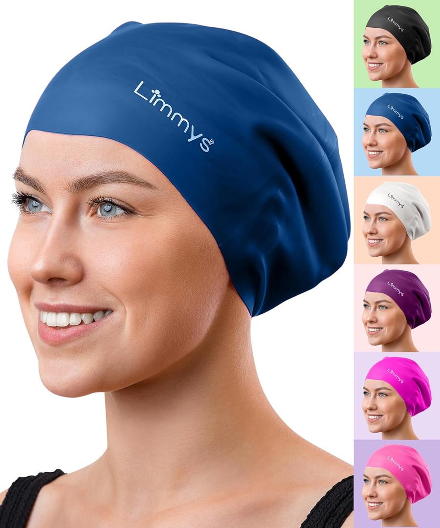 Limmys Long Hair Swim Cap for Women & Men  Extra Space Stretch Latex-Free Silicone Swimming Cap for Thick, Curly & Long Hair  Comfortable No-Headache Fit, Non-Slip, Chlorine-Resistant, Easy On/Off (Medium, Dark Blue)