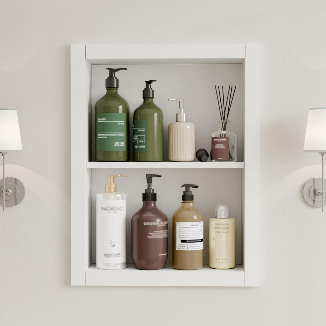 14'' * 18'' Recessed Medicine Cabinet Wall Niche Wood, 2-Tier Bathroom Niche Insert for Drywall, in Wall Shelf Medicine Cabinets Replacement, for Living Room, Bathroom Storage (Chalk White)