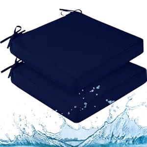 downluxe Waterproof Outdoor Chair Cushions for Patio Furniture, 19" x 19" x 2" Patio Chair Cushion with Adjustable Ties & Portable Handle, Square Outdoor Cushion with Removable Cover, Navy, 2 Pack