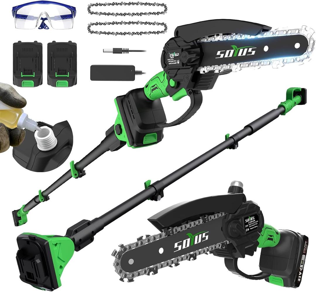 SOYUS 2-IN-1 Electric Pole Saws for Tree Trimming, 21V 6-Inch Mini Chainsaw with 2x2.0Ah Batteries, Tree Trimmer with Extension Pole for Thick Branches, Auto Oiling, 14FT MAX Reach