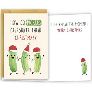 2 x Funny Pickle Pun Christmas Card, Humorous Merry Christmas Card for Brother Sister Bestie Friends Family Friend, Joke Pickle Relish the Moment Xmas Holiday Cards (#10)