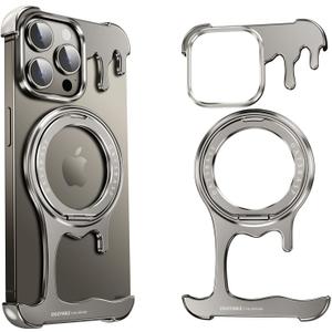 Liquid Metal Frameless Case for iPhone 15 Pro with Mag Safe Kickstand 360 Rotatable, Bezel Less Slim Hard Shockproof Ultra Thin for iPhone 15Pro Case with Ring Holder Stand for Men, Natural