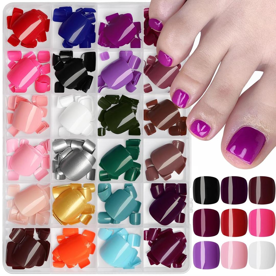 Press on Toenails for Women, 576pcs Toe Nail Press ons Acrylic Toe Press on Nails 24 Color Fake Toenails 12 Sizes Square Toenail Press ons with Glue and Adhesive Tabs
