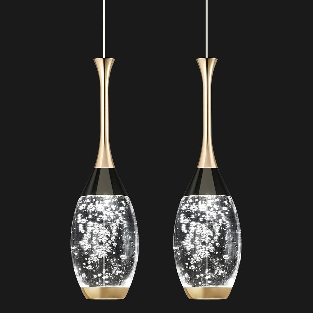 Modern Black Gold Pendant Light Dimmable LED Ceiling Light Fixtures Mini Teardrop Crystal Pendant Lighting for Kitchen Island Bedroom Hallway Entryway (2-PackChampagne Gold)