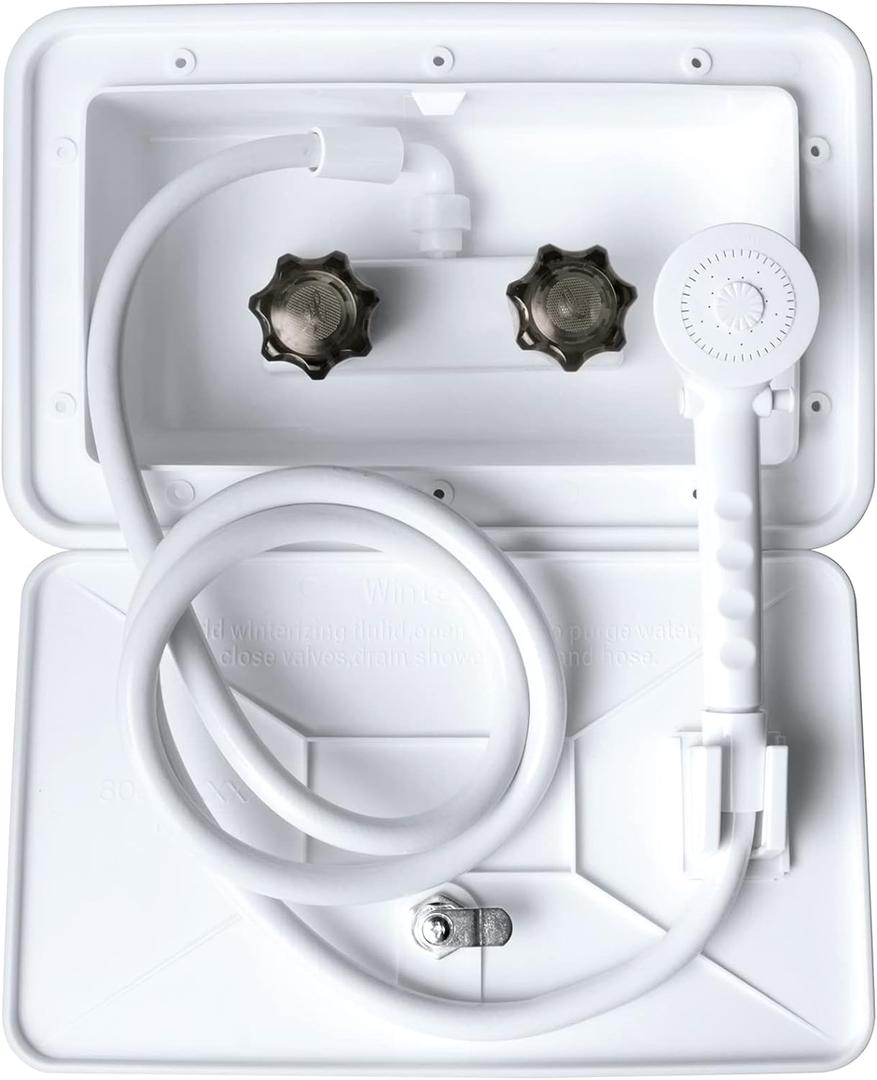 RV Outdoor Shower Exterior Shower Box Kit with Camper RV Outside Showers Faucet Valve + Coiled Hose + Sprayer Head + Lock, Replacement for Camper, Van, Travel Trailer, Motorhome and Boat,White RV Outdoor Shower Exterior Shower Box Kit with Camper RV Outside Showers Faucet Valve + Coiled Hose + Sprayer Head + Lock, Replacement for Camper, Van, Travel Trailer, Motorhome and Boat,White