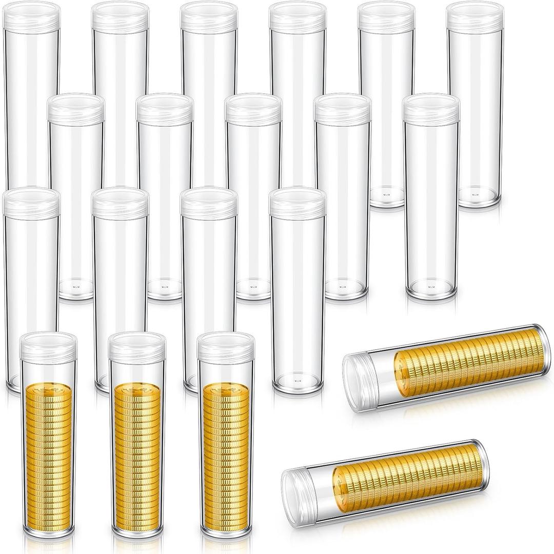 Geetery 20 Pcs Plastic Coin Tubes Small Dollar Coin Holders 1.10 Inch Round Clear Dollar Storage Tubes with Screw Lid Container for Collection Supplies