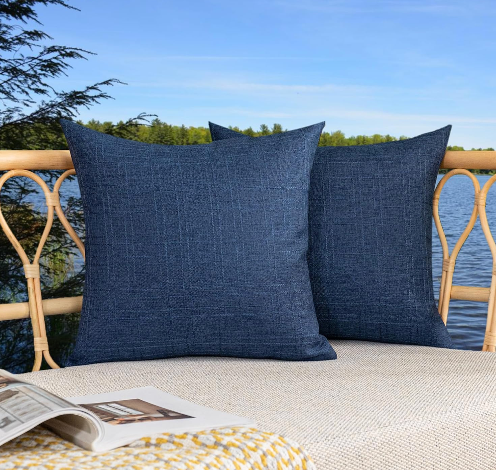 Kevin Textile Pack of 2 Decorative Outdoor Waterproof Throw Pillow Covers Checkered Pillowcases Classic Cushion Cases for Patio Couch Bench 18 x 18 Inch Blue