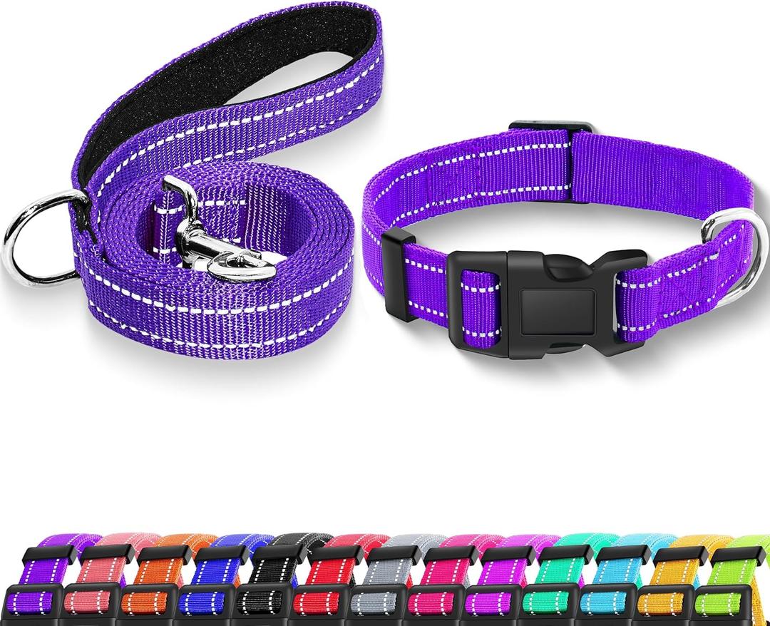 Reflective Dog Collar with Safety Locking Buckle, Adjustable Soft Breathable Nylon Collars for Small, Medium and Large Dogs(Collar+Leash M Purple) (Medium (Width 1"))