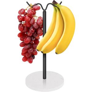 Double Hooks Standing Banana Holder, Banana Hanger Tree Stand Hook for Kitchen Countertop, Sturdy and Balanced Fruit Shelves with Storage on Both Sides.(Black)