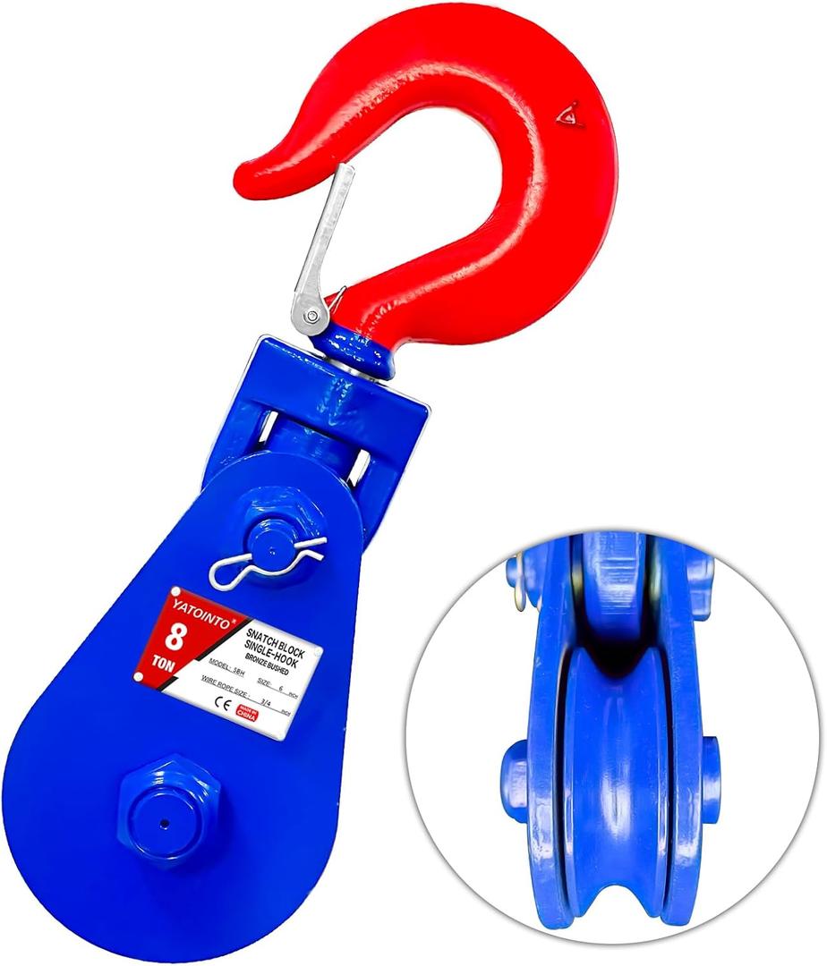 8 ton Snatch Block with Hook, 6" Sheave 3/4" Inch Wire Rope Snatch Block, 17,600lbs Snatch Pulley for Rollback Wrecker Car Hauler Winch