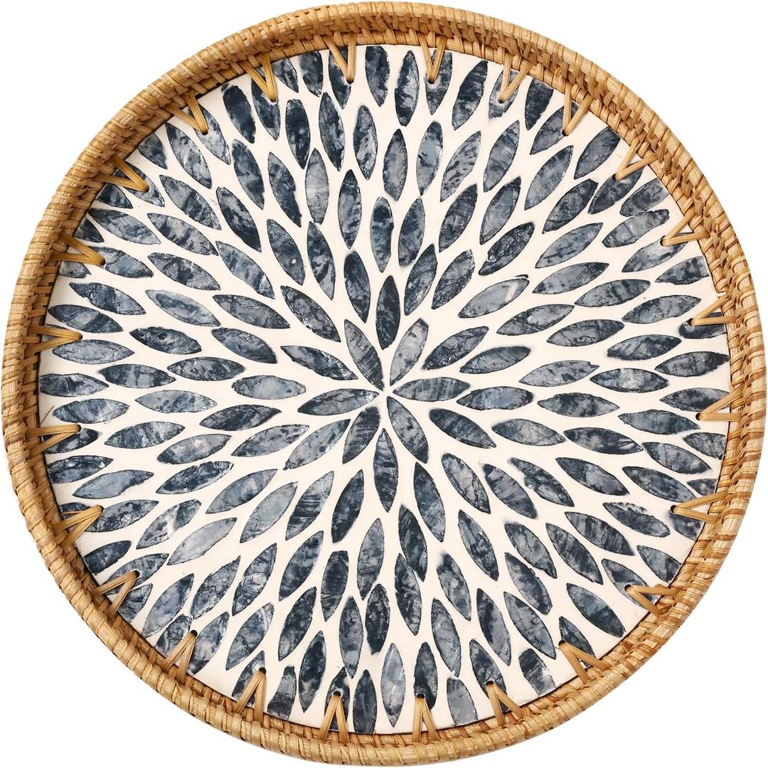 Round Rattan Tray with Mother of Pearl Inlay, Rattan Serving Tray for Coffee, Bread, Fruits, Decorative Wicker Tray for Table Decor, Home Decor, Kitchen Island Decor (Black Leaf, 11.8")