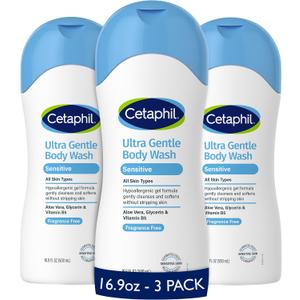 Cetaphil Ultra Gentle Body Wash, For Dry to Normal, Sensitive Skin, 16.9oz Pack of 3, Aloe Vera, Vitamin B5, Hypoallergenic, Paraben Free, Fragrance Free, Dermatologist Tested