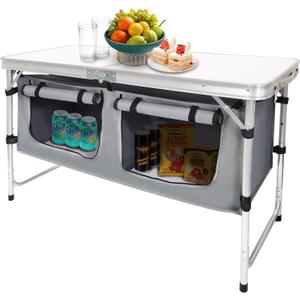 CampLand Outdoor Folding Table Aluminum Lightweight Height Adjustable with Storage Organizer for BBQ, Party, Camping (White)
