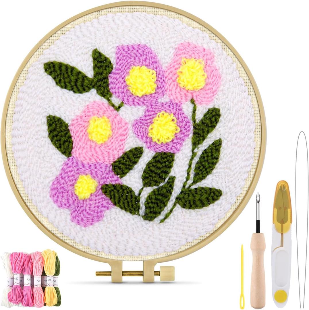 TINDTOP Punch Needle Kits, Flowers Punch Embroidery Kits for Adults Beginner, Tool with Punch Needle Fabric, Hoops, Yarns and Sewing Needles