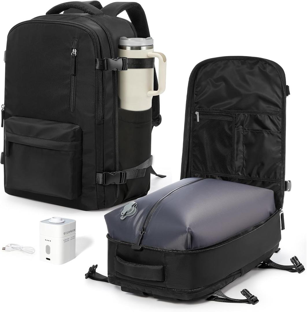 VGCUB Vacuum Backpack Travel with Pump Vacpack System Storage Carry on Work Laptop Business Waterproof College Compression Personal Item Daypack Backpacks for Women Men Black