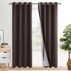 XWZO 100% Blackout Curtains 72 Inches Length - Heat and Light Blocking & Full Shading Ring Top Window Drapes with Black Liner Backing for Bedroom Sewn with Tiebacks, Brown, W52 x L72, Set of 2