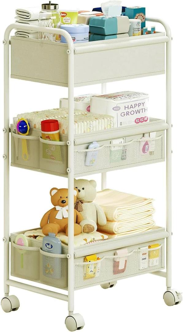 3-Tier Baby Diaper Caddy Cart Organizer,Mobile Nursery Storage Cart with Wheels,With 2 Dividers&14 Mesh Pockets Durable Metal Utility Cart for Nursery, Bedroom, Bathroom, Baby Essentials Organization (Beige Yellow)