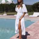 Woolicity Womens Summer Maxi Dress Wrap V Neck Short Sleeve Beach Flowy Long Dresses (White, Medium)