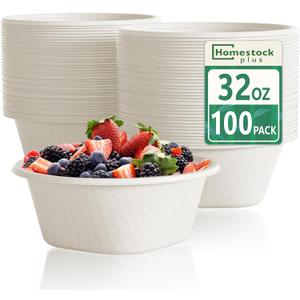Homestockplus 32 Oz Deep Paper Bowls [100 Pack] - Large Disposable Soup Bowls Heavy Duty, Leakproof Compostable Bowls for Ramen, Chili, Salad, Microwave Safe Commercial Containers (White)