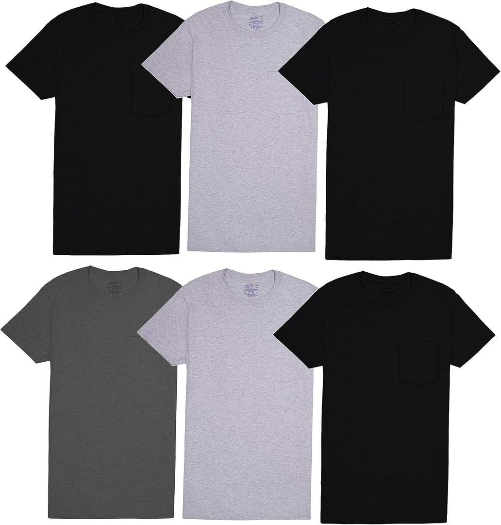 Fruit of the Loom Men's Tee Undershirts, Moisture Wicking & Tag Free, Short Sleeve Pocket T-Shirts (Medium, Colors May Vary - 6 Pack - Pocket)
