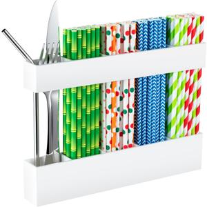CIEO Straw Organizer for Cabinet Door Storage, 9.5" Large Acrylic Holder for Reusable Tumbler Straws Chopsticks Spoons, Adhesive Under Cabinet Mount Kitchen Container (White)