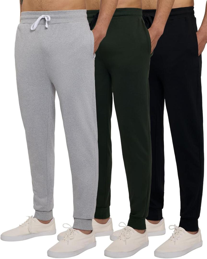 3 Pack Mens Joggers Tech Fleece Active Sports Athletic Training Soccer Track Gym Running Slim Fit Tapered Casual Jogger French Terry Quick Dry Fit Sweatpants Pockets Elastic Bottom, Set 3, S