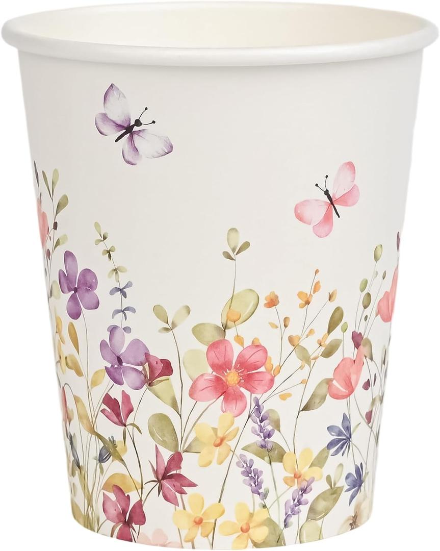 AllReal 100Pcs Wildflower Paper Cups Watercolor Pink Violet Wild Flowers Party Cups 9oz Summer Floral Butterflies Disposable Coffee Cup for Birthday Bridal Baby Shower Party Supplies